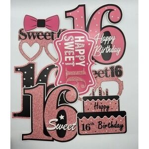 Sweet 16 Photo Booth Props Pink Black Glitter Birthday Party Accessories Set
